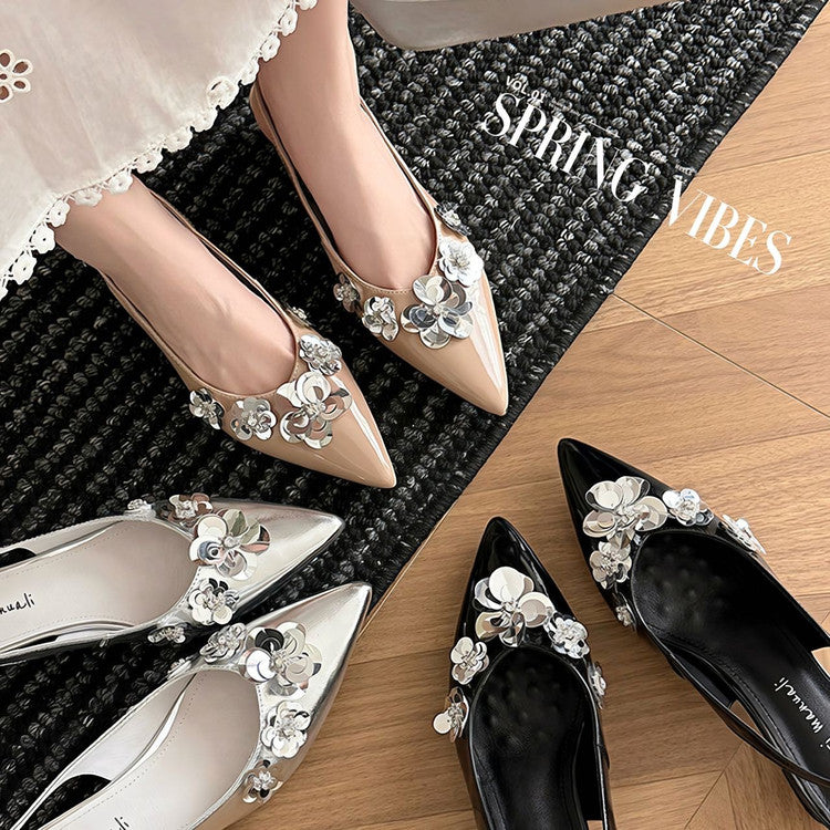 Karin Luna In Stock In Stock  Sequin Floral Pointed Toe Chunky Heel Closed-Toe Sandals