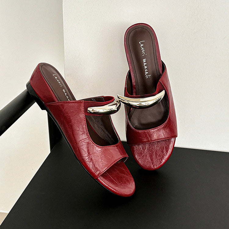 Karin Luna In Stock Spot Goods  Metal Buckle Round Toe Strap Slippers