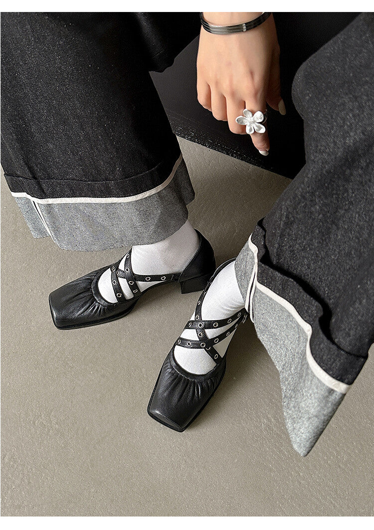 Karin Luna In Stock Spot Goods First Layer Sheepskin Cross Strap Rivet Square Toe Mary Jane Sandals