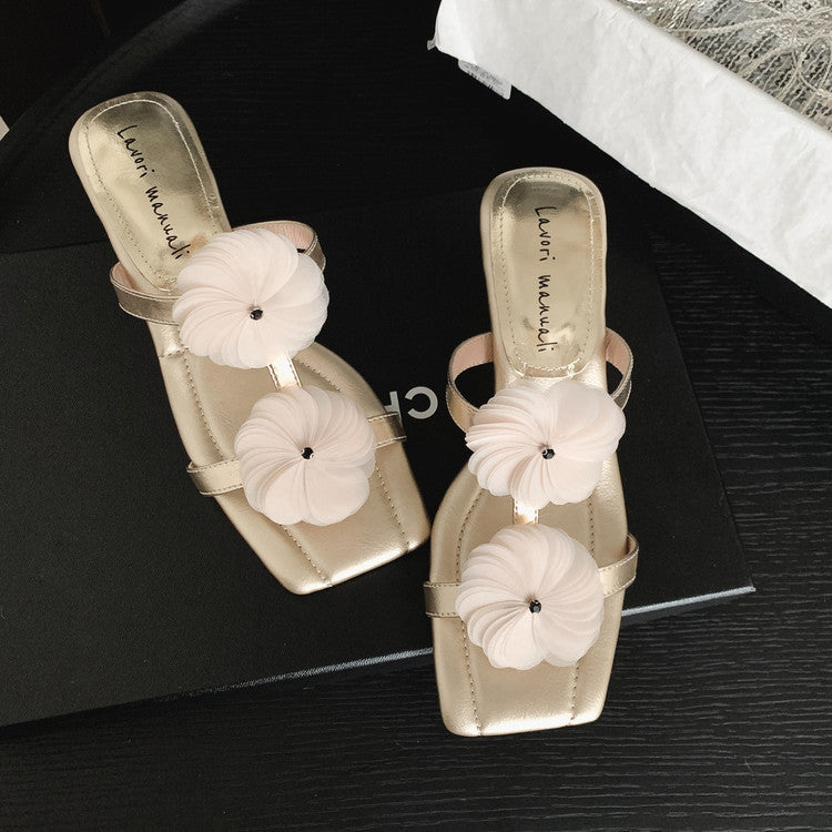 Karin Luna Hot-Selling Floral Square Toe Irregular Heel Floral Slippers