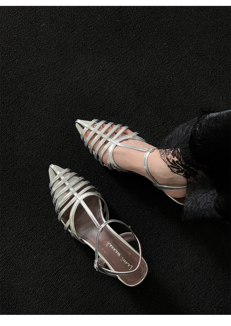 Karin Luna French Hollow Toe Metal Heel Elegant Sandals