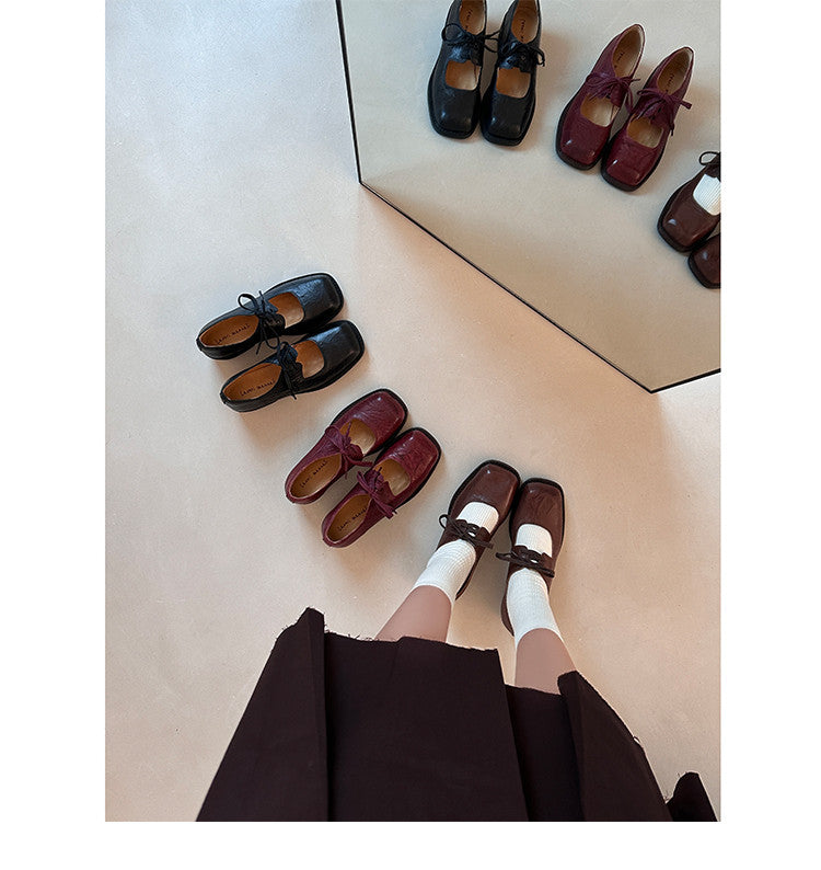 Karin Luna In Stock Spot Goods   Full leather inside and out Vegetable Tanned Hand-Grabbed Sheepskin Square-Toed Chunky Heel Single Shoes