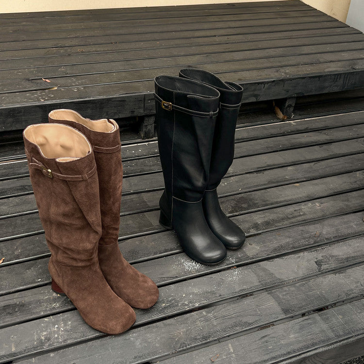 Karin Luna In Stock In Stock Mango Head Large Tube Belt Buckle Chunky Heel Long Boots