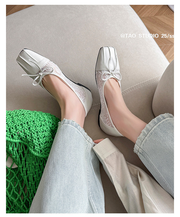 Karin Luna In Stock In Stock  Wrinkled Square Toe Patchwork Breathable Mesh Bow Granny Shoes
