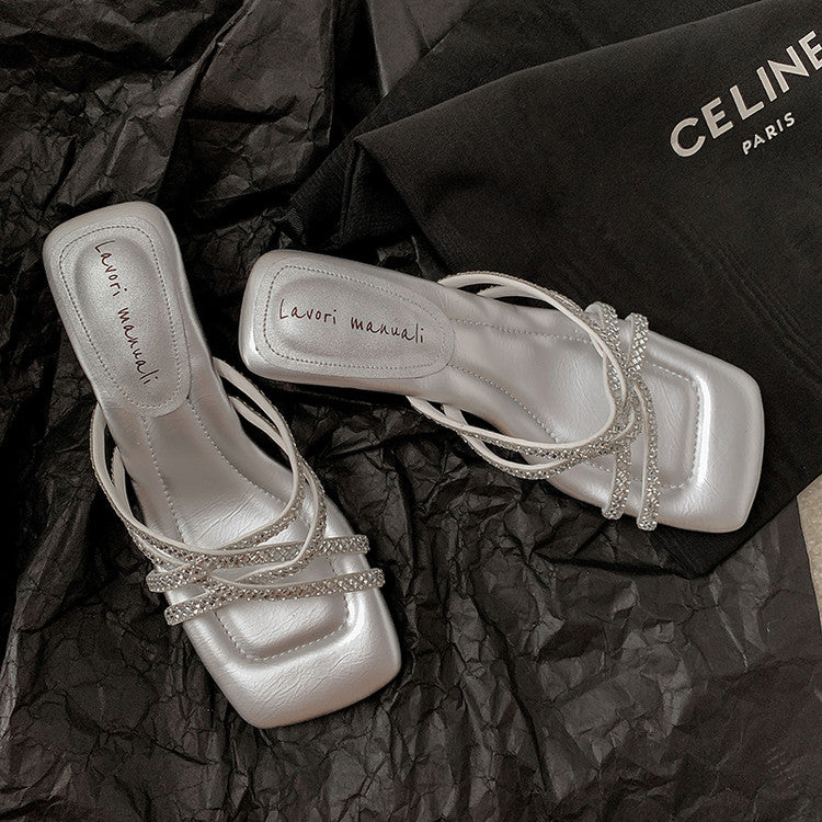 Karin Luna In Stock Spot Goods  Rhinestone Cross Strap Square Toe High Heel Slippers