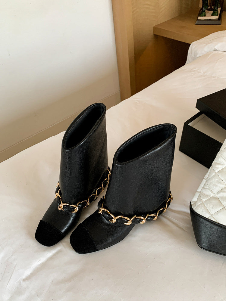 Karin Luna Classic Style Xiangjia Style Chunky Heel Chain Ankle Boots