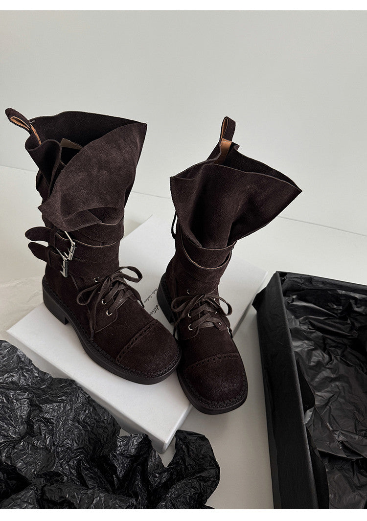 Karin Luna Bestseller Hot-Selling Large Tube Leather Belt Buckle Round Toe Thick-Soled Short Boots