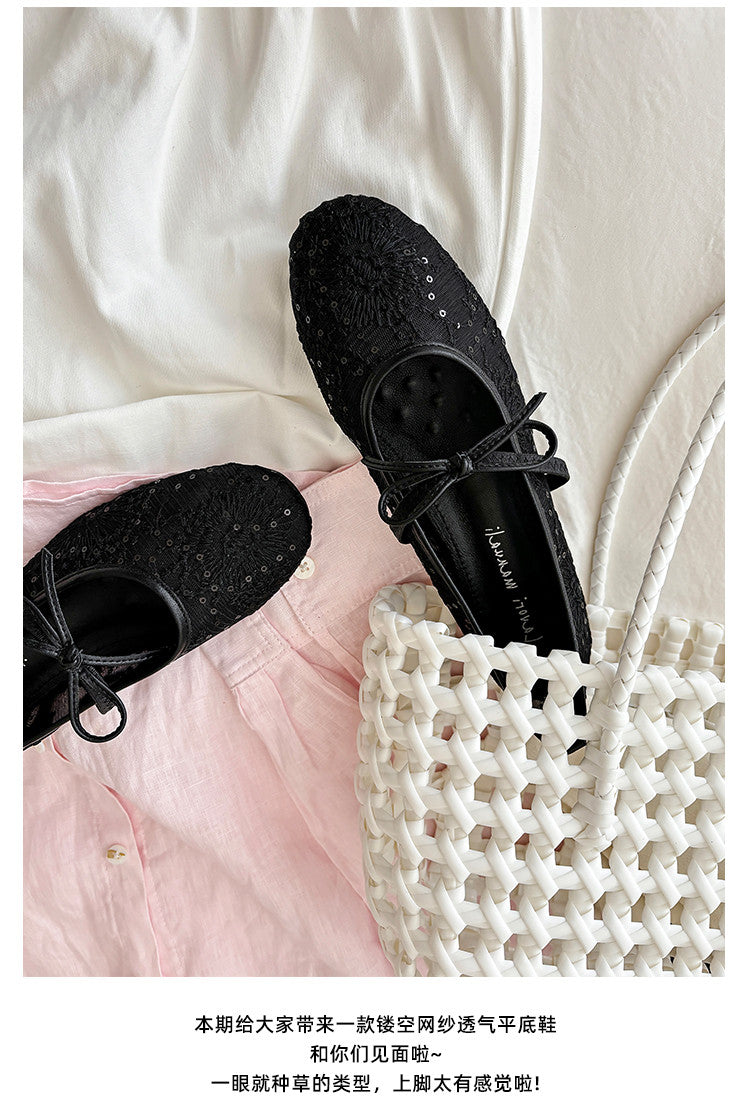 Karin Luna In Stock Spot Goods  Summer Breathable Retro Embroidered Bow Granny Shoes