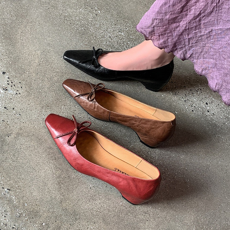 Karin Luna Full Layer Inside and Out~Basic Versatile Small Square Toe Butterfly Knot Irregular Heel Single Shoes