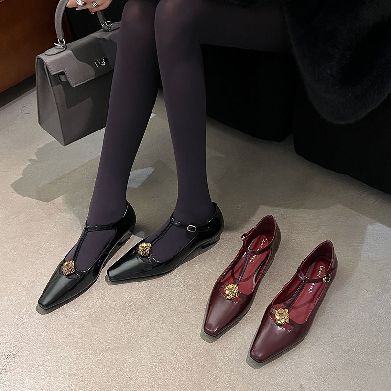 Karin Luna In Stock Spot Goods    Retro Classic Metal Camellia Irregular Heel Single Shoes