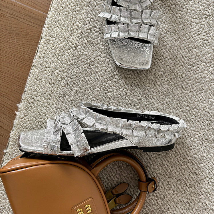 Karin Luna In Stock   Spot Goods  Niche Design Square-Toed Pleated Flat Slippers