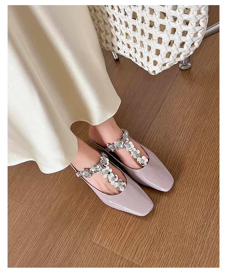 Karin Luna In Stock Spot Goods  T Handmade Sequin Flower Square Toe Height-Increasing Closed-Toe Slippers