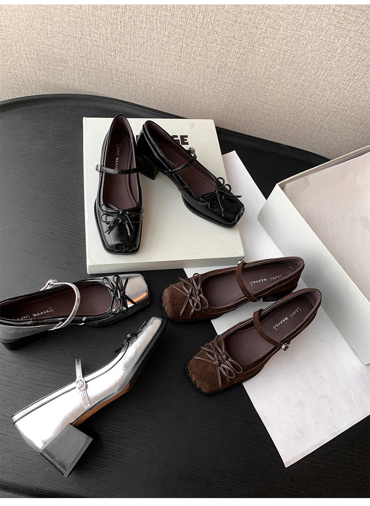 Karin Luna In Stock Spot Goods   One-strap Bowknot Square Toe Chunky Heel Mary Jane Shoes