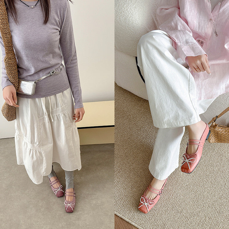 Karin Luna In Stock In Stock   Summer New Sweet Bowknot Color Block Square Toe Height-Increasing Slippers