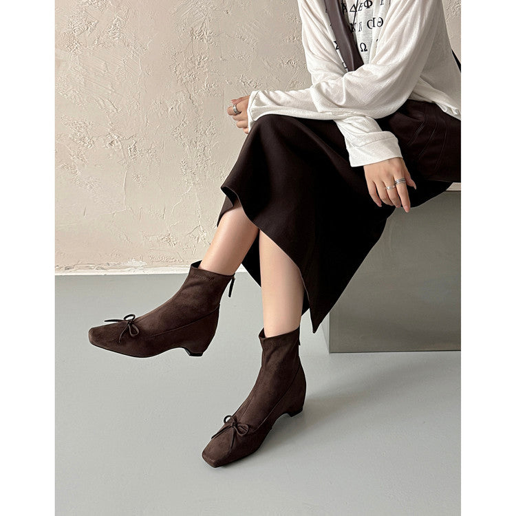 Karin Luna French Style Square Toe Bowknot Hidden Wedge Slim Boots