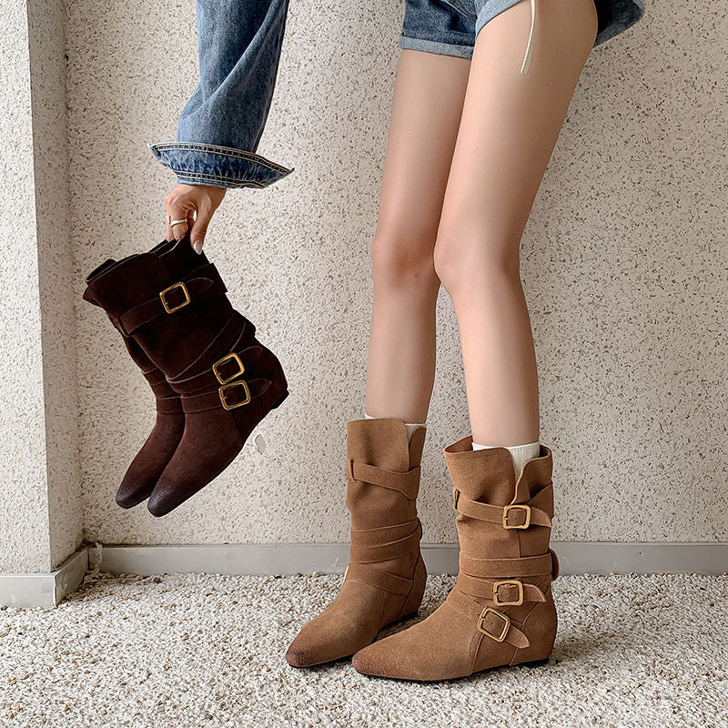Karin Luna Height-Increasing Suede Leather Small Square Toe Belt Buckle Fashion Boots