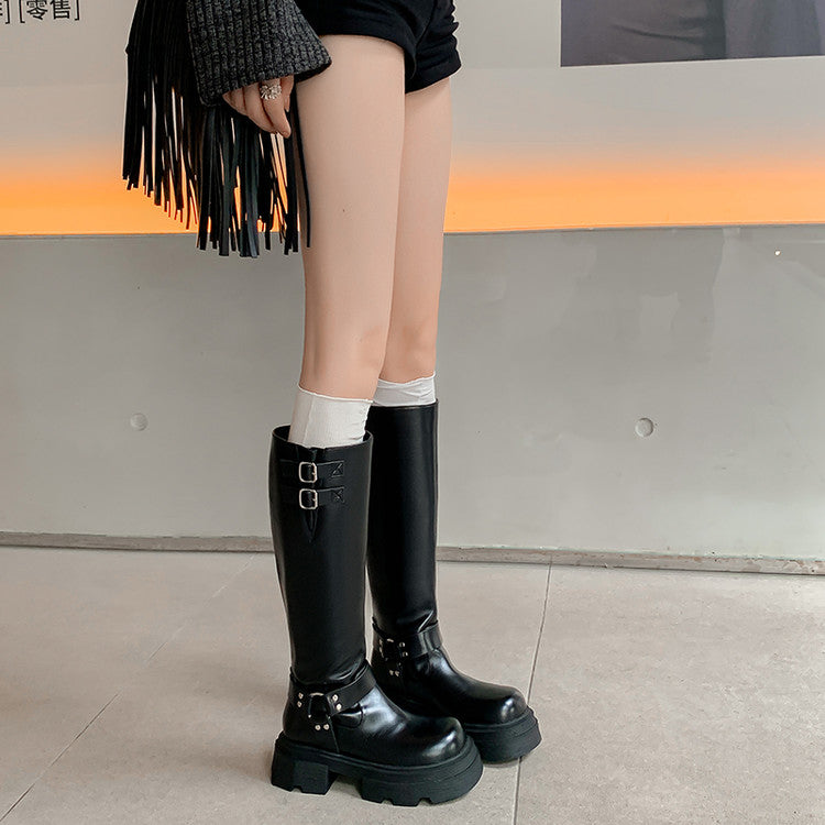 Karin Luna In Stock In Stock  Classic Casual Style Belt Buckle Thick Sole Round Toe Knight Boots Thick Sole