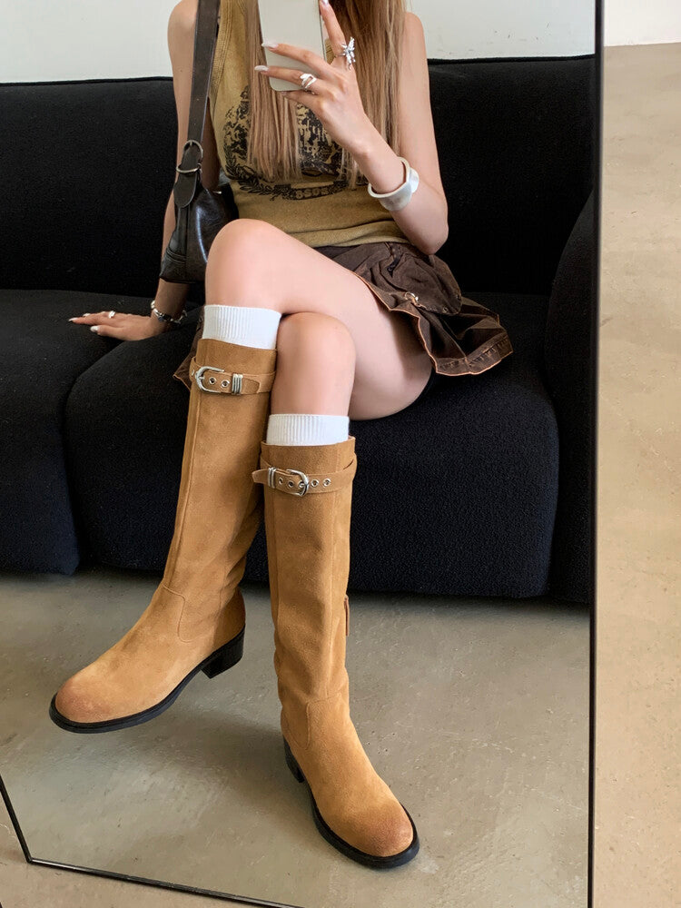 Karin Luna Chunky Heels Round Head Belt Buckle  Fashionable Suede Boots