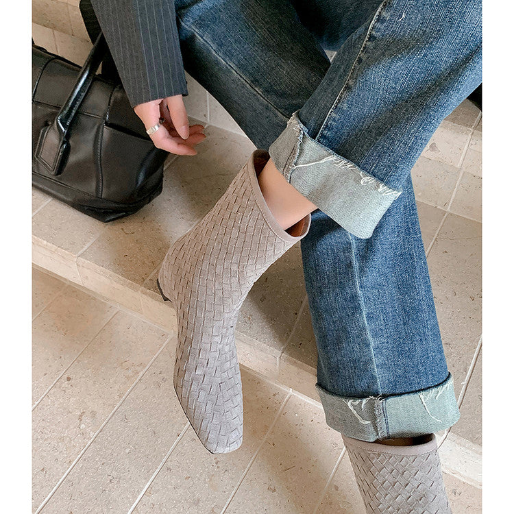 Karin Luna Handmade Woven Fabric Small Square Toe Hidden Heel Short Boots