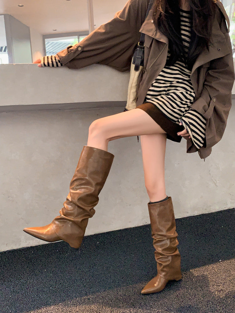 Karin Luna Elegant Style Pointed Toe Hidden Wedge Long Boots