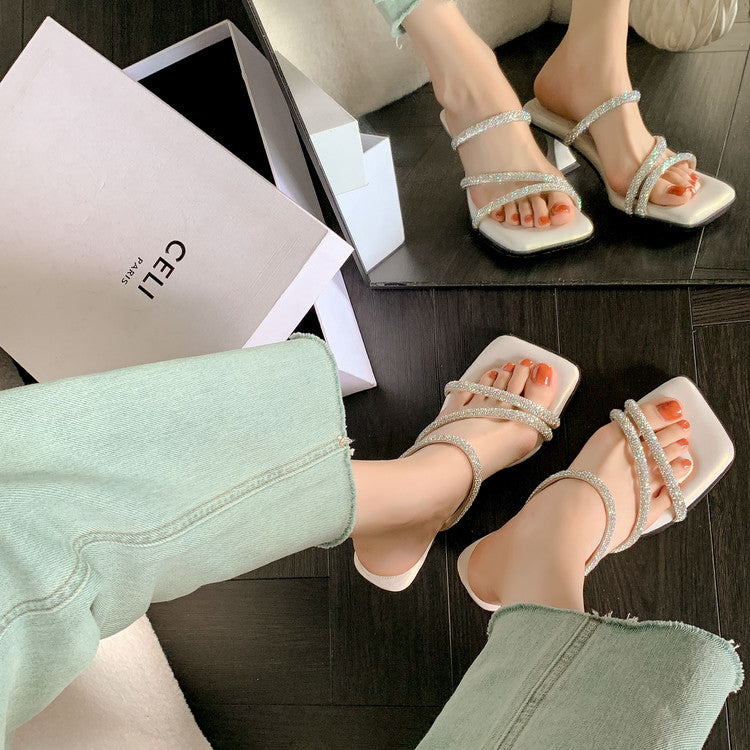 Karin Luna In Stock Spot Goods  Minimalist Versatile Square Toe Rhinestone Strap Open-Toe Sandals