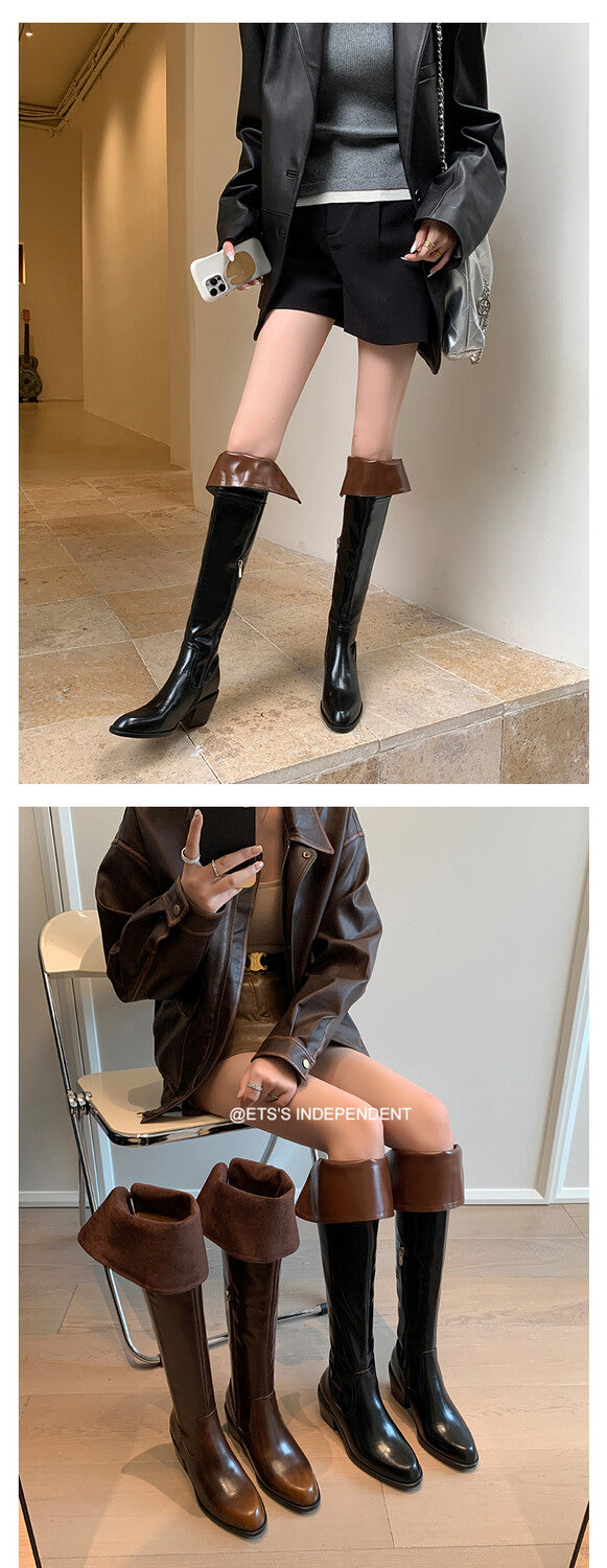 Karin Luna exploded  Three versions exploded Single Fleece Lining Fur Collar Version  Thick Fur Collar Foldable Hot-Selling Full Cowhide Pointed Toe Chunky Heel Classic Style