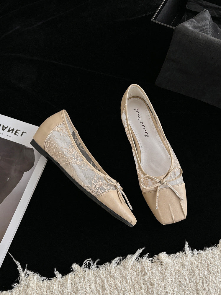 Karin Luna In Stock In Stock  Wrinkled Square Toe Patchwork Breathable Mesh Bow Granny Shoes