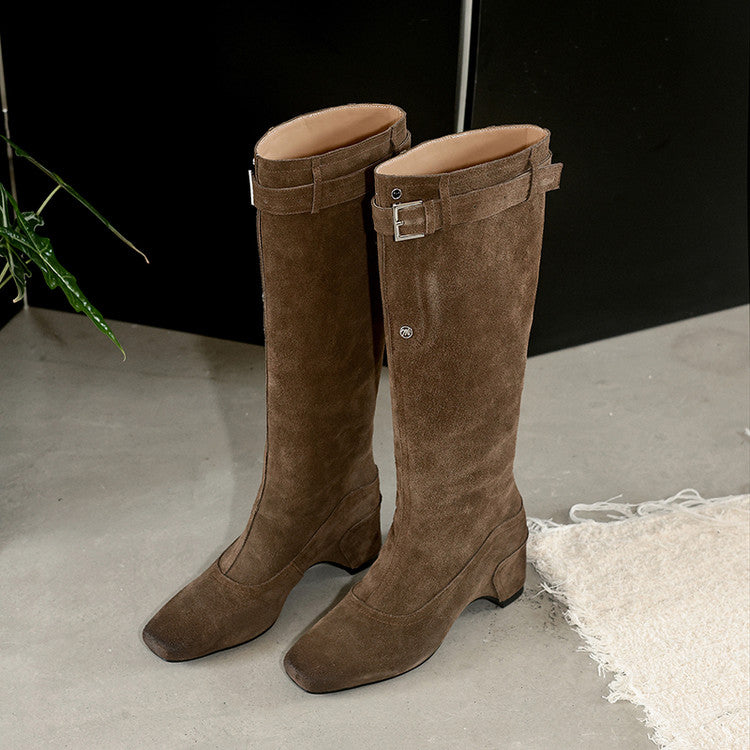 Karin Luna Belt Buckle Elegant Chunky Heel Suede Western Boots