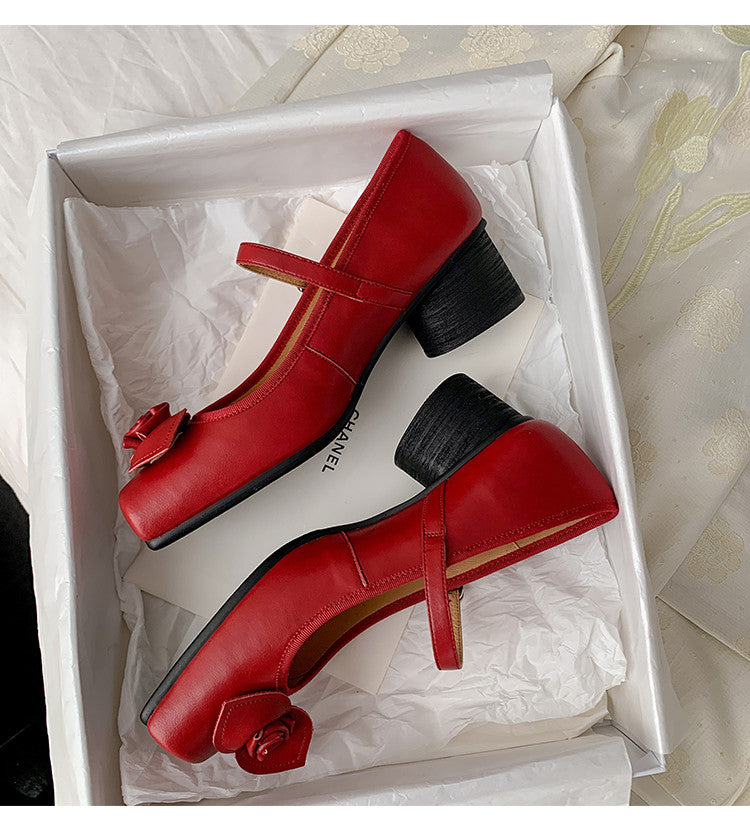 Karin Luna In Stock Spot Goods  Vintage Three-Dimensional Camellia Square-Toed Mary Jane Shoes
