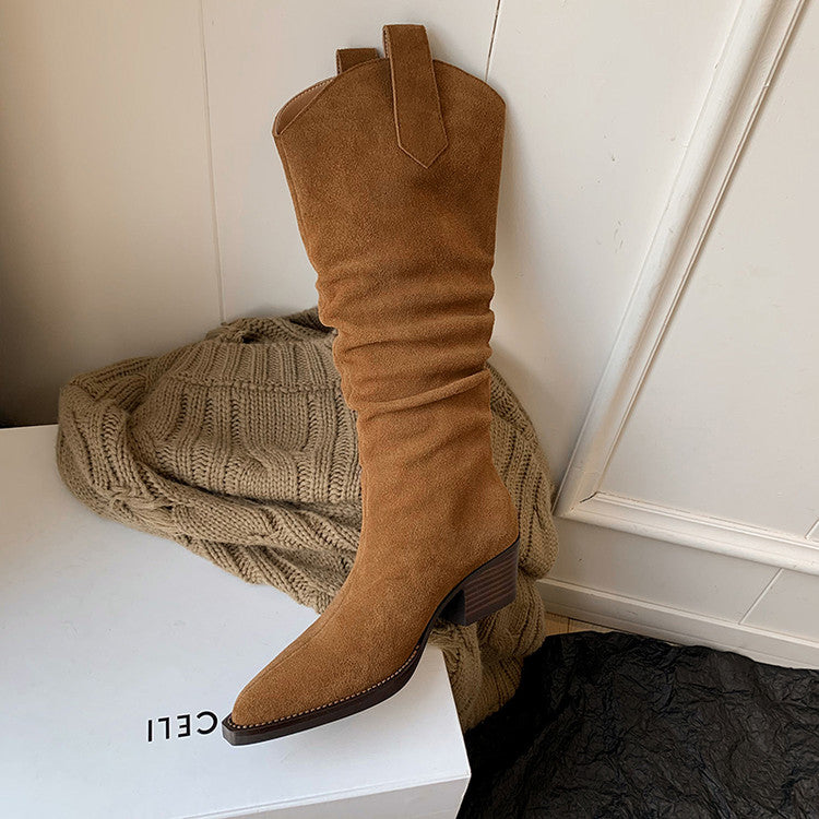 Karin Luna Elegant Style  Pointed Toe Wrinkled Wide Western Boots