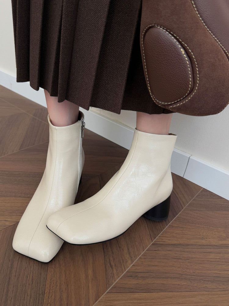 Karin Luna French Style Square Toe Chunky Heel Ankle Boots