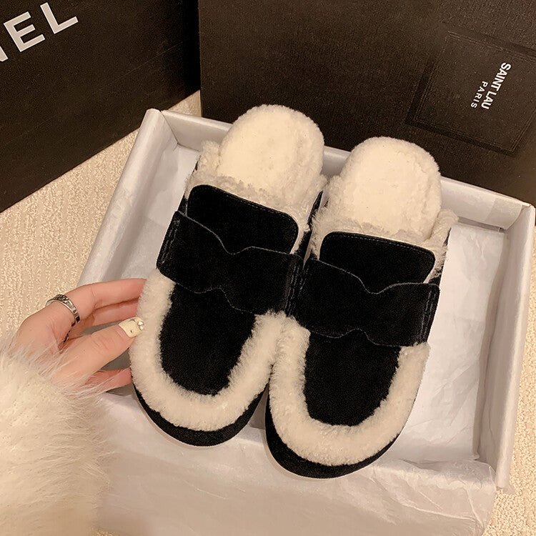 Karin Luna In Stock Look~This is such thick lamb wool Winter Atmosphere！Cowhide Leather Lamb Wool Round Toe Flat Sole Half Support！