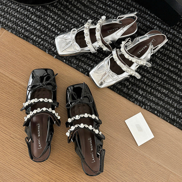 Karin Luna In Stock In Stock  Square Toe Bowknot Pearl Strap Closed-Toe Sandals