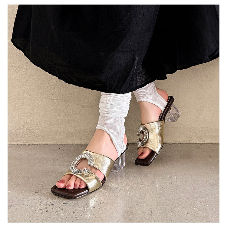 Karin Luna In Stock  Spot Goods  Large Rhinestone Square-Toed Crystal Heel Slippers