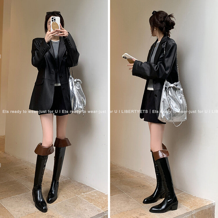 Karin Luna exploded  Three versions exploded Single Fleece Lining Fur Collar Version  Thick Fur Collar Foldable Hot-Selling Full Cowhide Pointed Toe Chunky Heel Classic Style