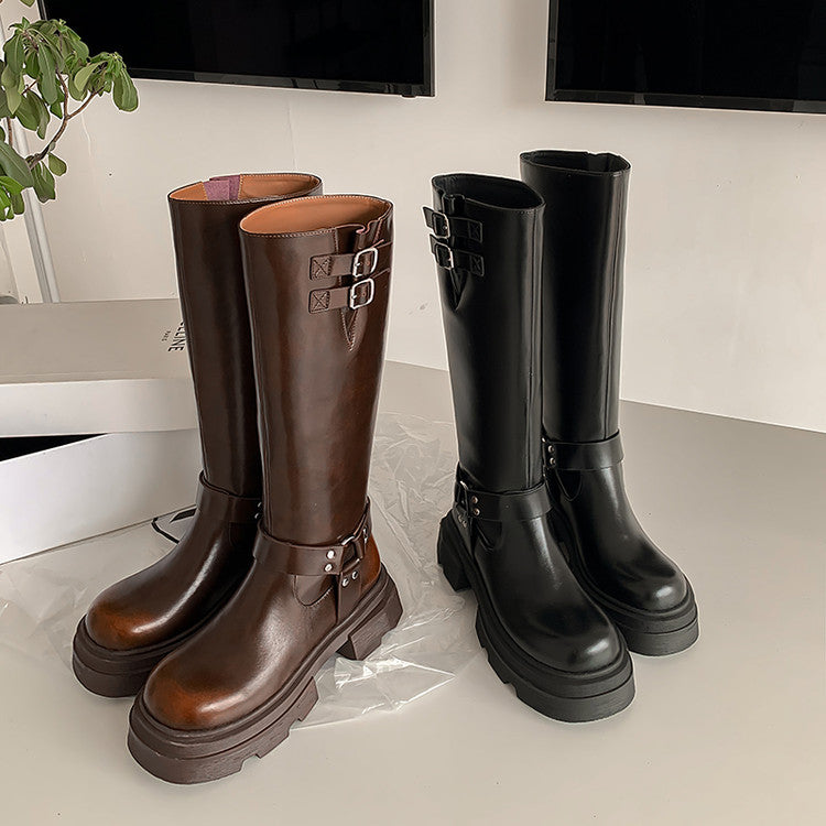 Karin Luna In Stock In Stock  Classic Casual Style Belt Buckle Thick Sole Round Toe Knight Boots Thick Sole