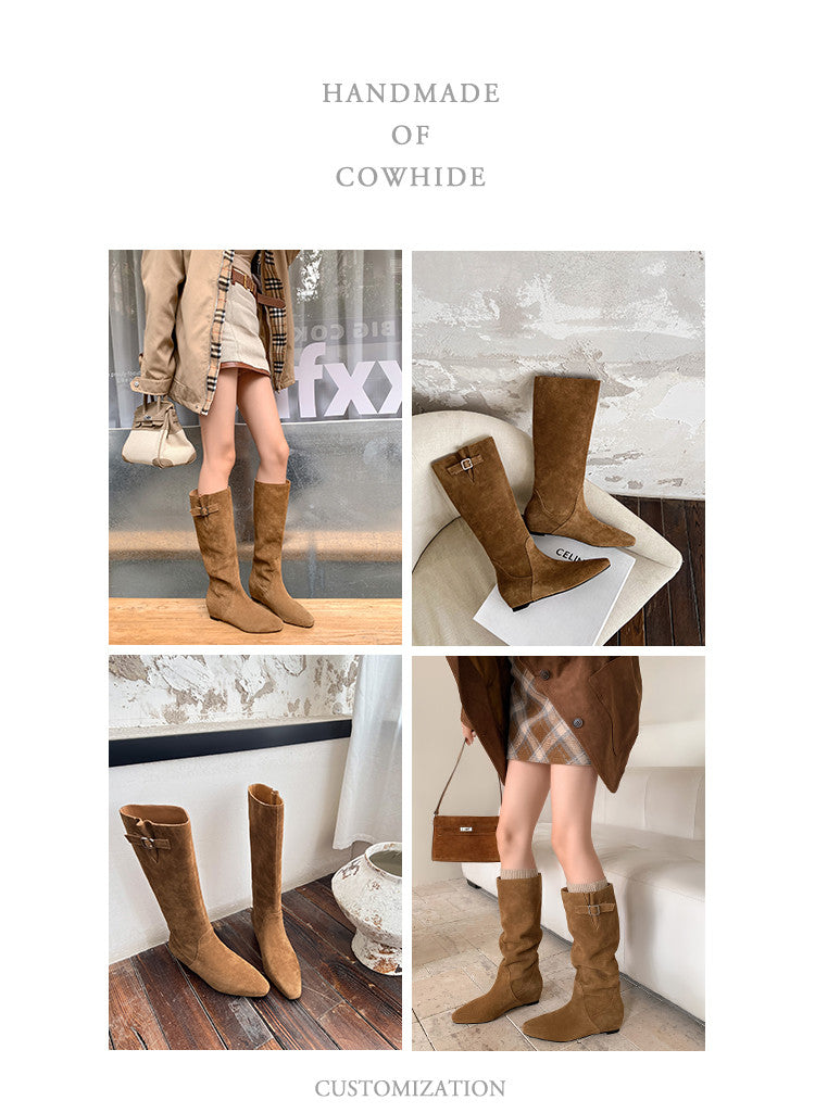 Karin Luna In Stock Spot Goods Vintage Cowhide Leather Chunky Heel Height Increasing Long Boots