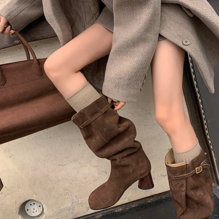 Karin Luna In Stock In Stock Mango Head Large Tube Belt Buckle Chunky Heel Long Boots