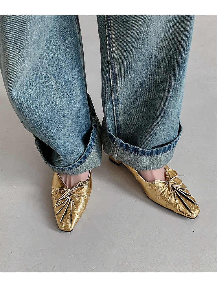 Karin Luna French Style Wrinkled Square Toe Height-Increasing Flats