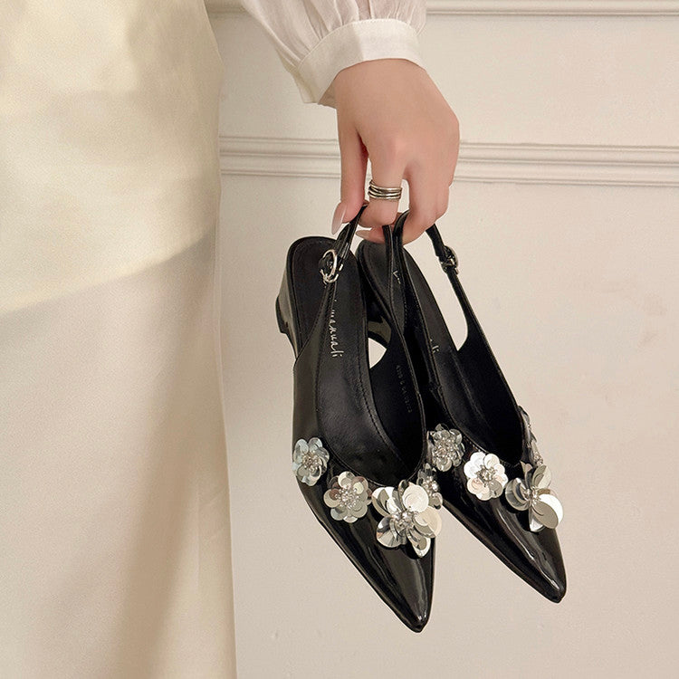 Karin Luna In Stock In Stock  Sequin Floral Pointed Toe Chunky Heel Closed-Toe Sandals