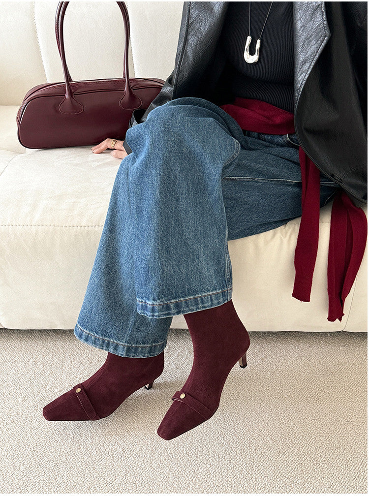 Karin Luna Elegant Style Small Square Toe Belt Buckle Thin Heel Short Boots