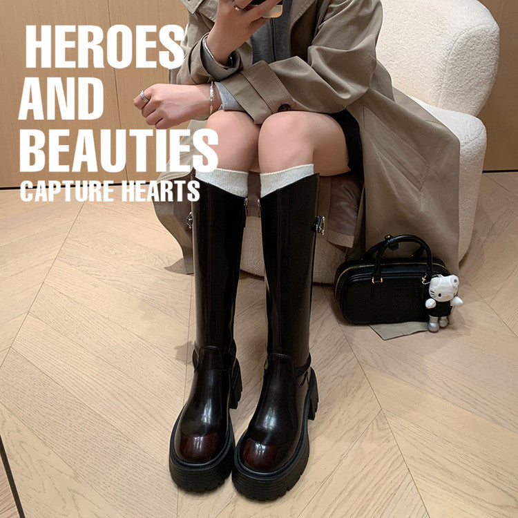 Karin Luna In Stock In Stock  Round Toe Thick Sole Belt Buckle Side Zipper Knight Boots