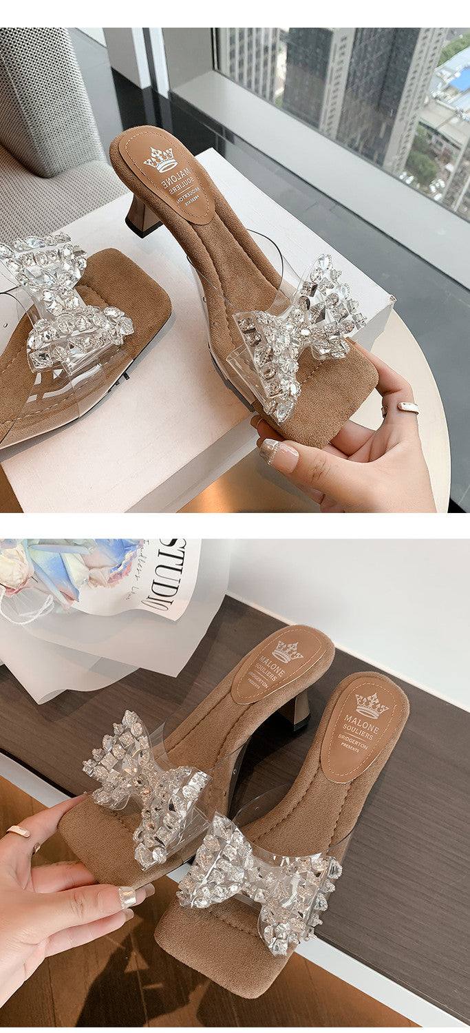 Karin Luna In Stock In Stock Transparent Bow Square Toe Suede Open Toe Sandals