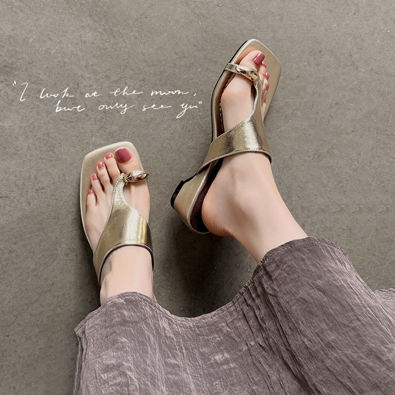 Karin Luna In Stock Spot Goods Clip-toe Square Toe Metal Buckle Minimalist Slippers
