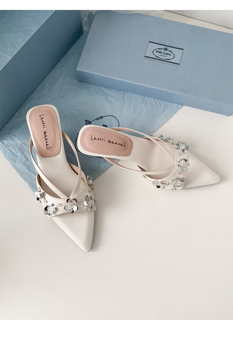 Karin Luna Bestseller Sequin Elements Elegant Pointed Toe Irregular Heel Slippers