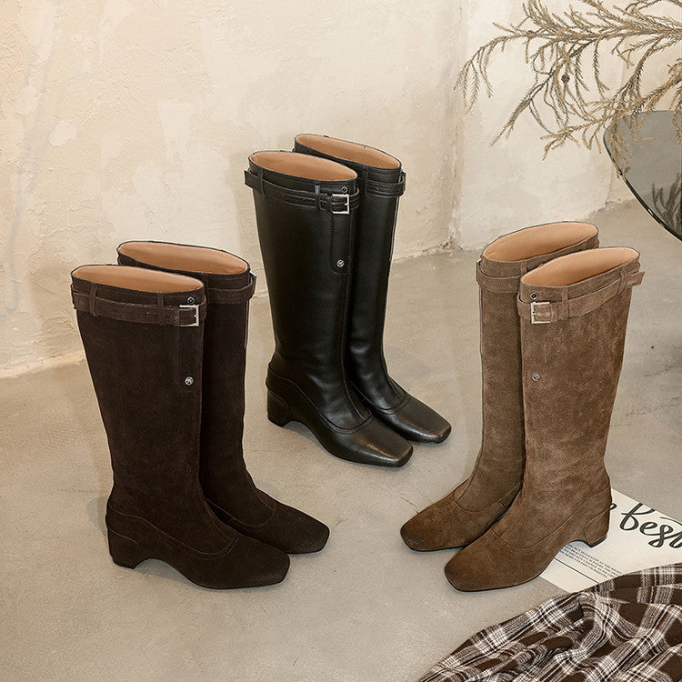 Karin Luna Belt Buckle Elegant Chunky Heel Suede Western Boots