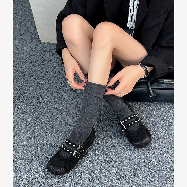 Karin Luna Hot Item Hot Item Punk Style One-Strap Round-Toe Suede Leather Height-Increasing Flats