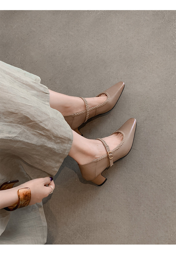 Karin Luna Braided Element Design Chunky Heel Square Toe Single Strap Shoes