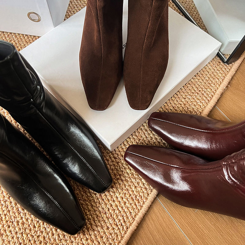Karin Luna In Stock Spot Goods  Retro Wrinkled Small Square Toe Short Boots