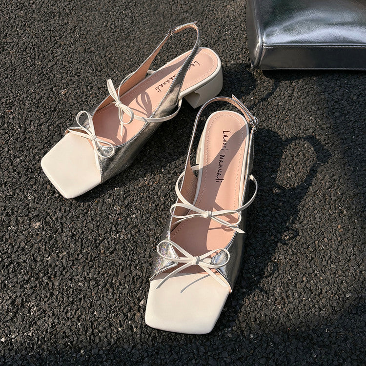 Karin Luna In Stock Spot Goods Square Toe Double Bow Thick Heel Sandals